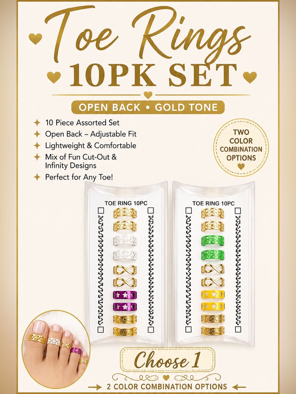 Gold Tone Toe Ring Set - 10 pk, Choose one set